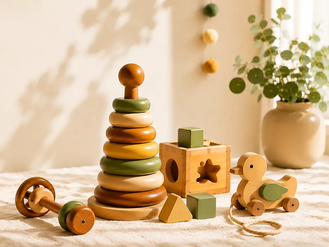 Handmade neem-wood Montessori stacking tower, shape sorter, pull-along duck and rattle on a linen tabletop